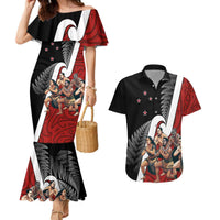 New Zealand Te Matatini Couples Matching Mermaid Dress and Hawaiian Shirt Kapa Haka and Silver Fern - Maori Art Pattern LT03 Black - Polynesian Pride