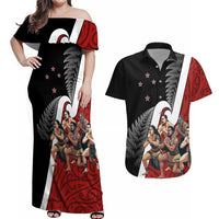 New Zealand Te Matatini Couples Matching Off Shoulder Maxi Dress and Hawaiian Shirt Kapa Haka and Silver Fern - Maori Art Pattern LT03 Black - Polynesian Pride