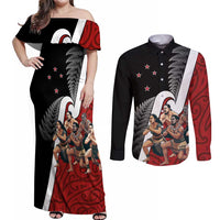 New Zealand Te Matatini Couples Matching Off Shoulder Maxi Dress and Long Sleeve Button Shirt Kapa Haka and Silver Fern - Maori Art Pattern LT03 Black - Polynesian Pride