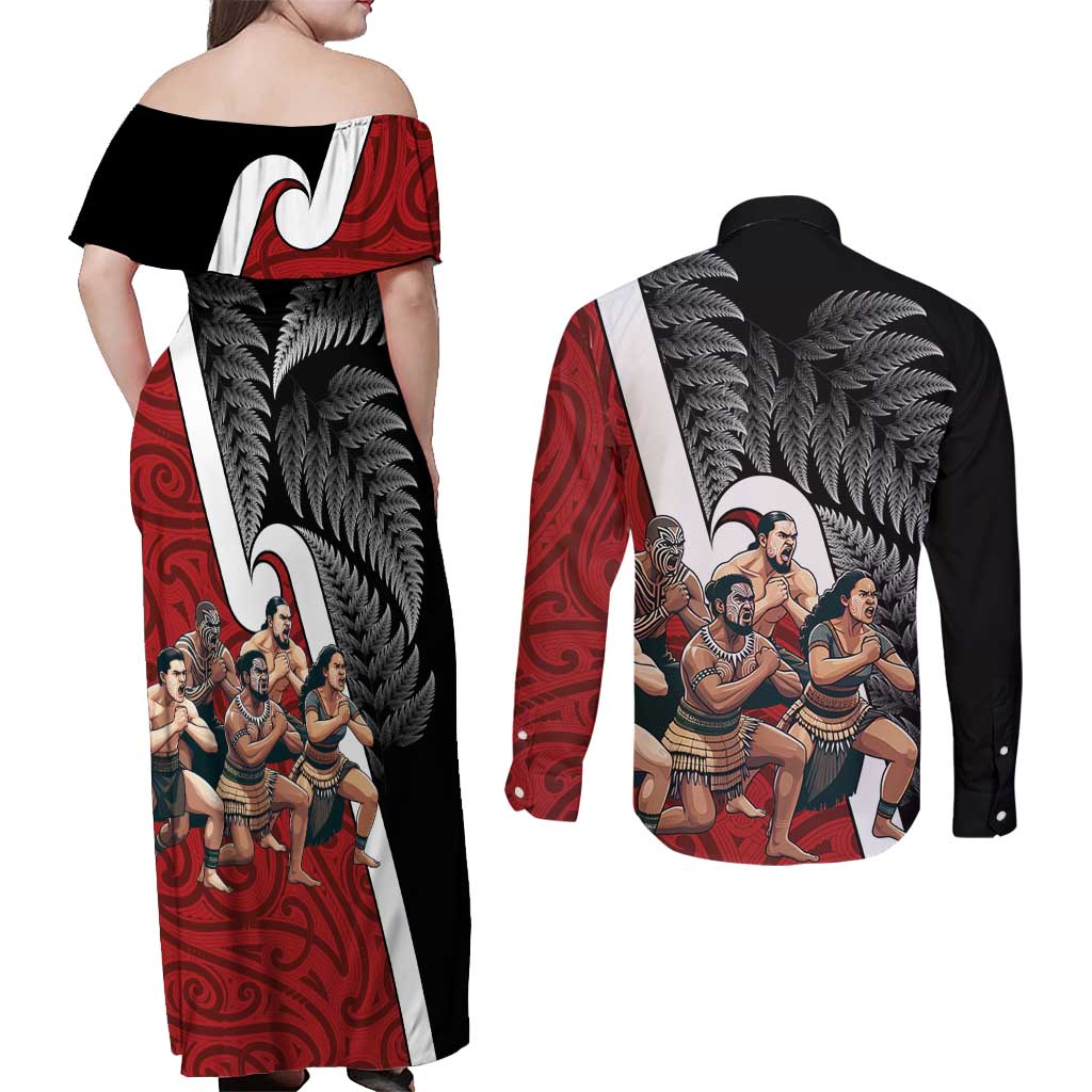 New Zealand Te Matatini Couples Matching Off Shoulder Maxi Dress and Long Sleeve Button Shirt Kapa Haka and Silver Fern - Maori Art Pattern LT03 - Polynesian Pride