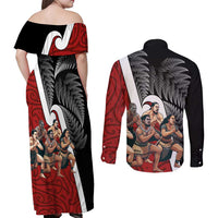 New Zealand Te Matatini Couples Matching Off Shoulder Maxi Dress and Long Sleeve Button Shirt Kapa Haka and Silver Fern - Maori Art Pattern LT03 - Polynesian Pride