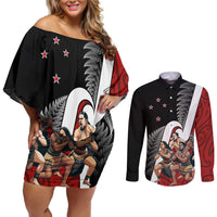 New Zealand Te Matatini Couples Matching Off Shoulder Short Dress and Long Sleeve Button Shirt Kapa Haka and Silver Fern - Maori Art Pattern LT03 Black - Polynesian Pride