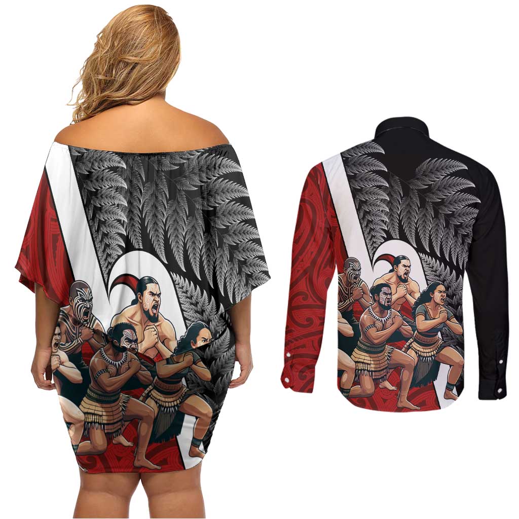 New Zealand Te Matatini Couples Matching Off Shoulder Short Dress and Long Sleeve Button Shirt Kapa Haka and Silver Fern - Maori Art Pattern LT03 - Polynesian Pride