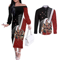 New Zealand Te Matatini Couples Matching Off The Shoulder Long Sleeve Dress and Long Sleeve Button Shirt Kapa Haka and Silver Fern - Maori Art Pattern LT03 Black - Polynesian Pride