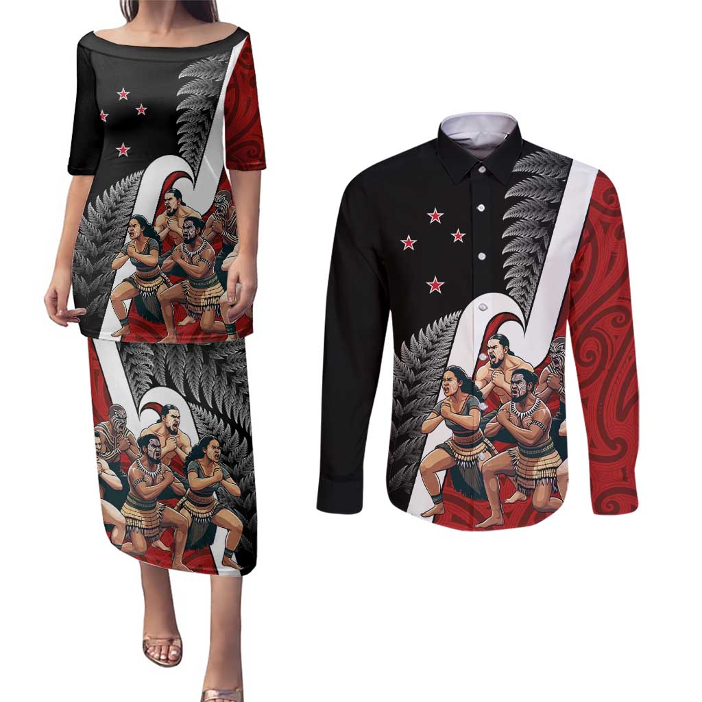 New Zealand Te Matatini Couples Matching Puletasi and Long Sleeve Button Shirt Kapa Haka and Silver Fern - Maori Art Pattern LT03 Black - Polynesian Pride