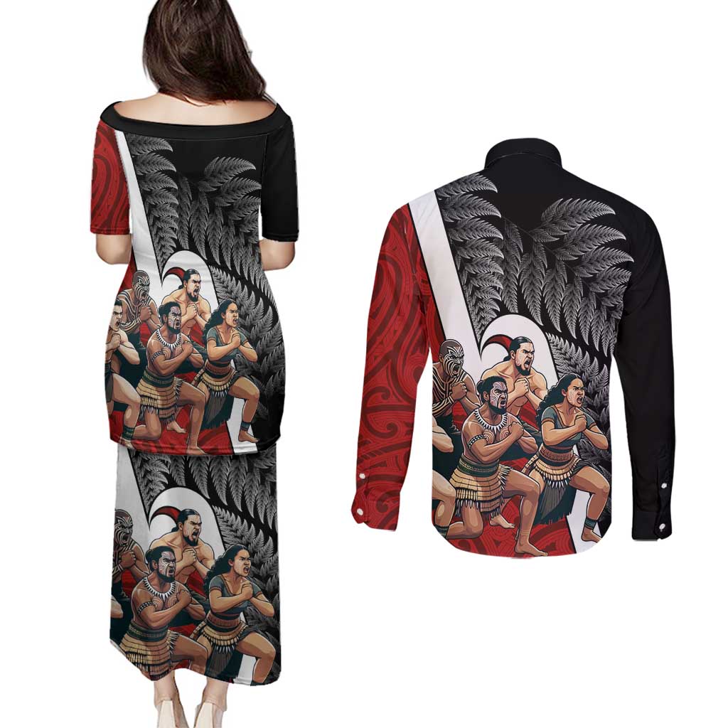 New Zealand Te Matatini Couples Matching Puletasi and Long Sleeve Button Shirt Kapa Haka and Silver Fern - Maori Art Pattern LT03 - Polynesian Pride