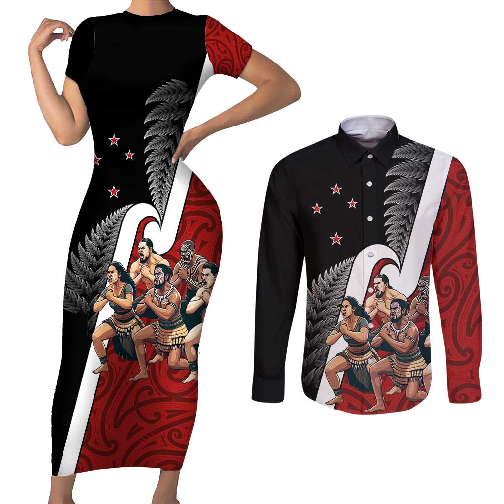 New Zealand Te Matatini Couples Matching Short Sleeve Bodycon Dress and Long Sleeve Button Shirt Kapa Haka and Silver Fern - Maori Art Pattern LT03 Black - Polynesian Pride