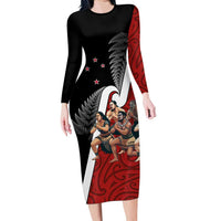 New Zealand Te Matatini Family Matching Long Sleeve Bodycon Dress and Hawaiian Shirt Kapa Haka and Silver Fern - Maori Art Pattern LT03 Mom's Dress Black - Polynesian Pride