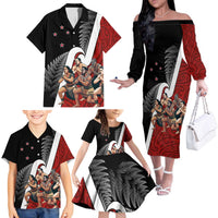New Zealand Te Matatini Family Matching Off The Shoulder Long Sleeve Dress and Hawaiian Shirt Kapa Haka and Silver Fern - Maori Art Pattern LT03 - Polynesian Pride
