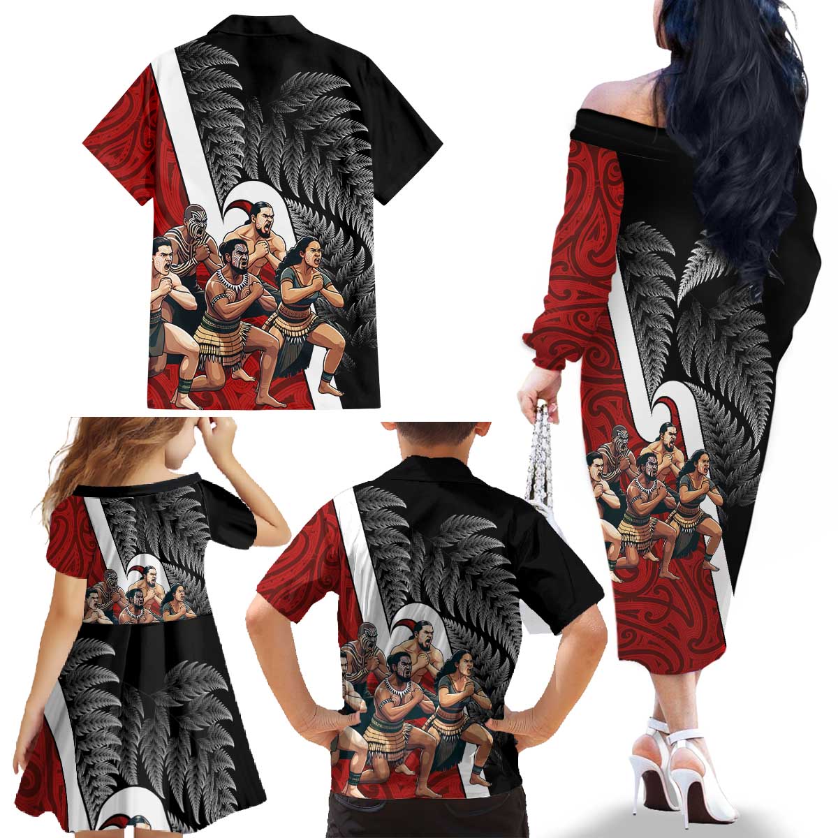 New Zealand Te Matatini Family Matching Off The Shoulder Long Sleeve Dress and Hawaiian Shirt Kapa Haka and Silver Fern - Maori Art Pattern LT03 - Polynesian Pride