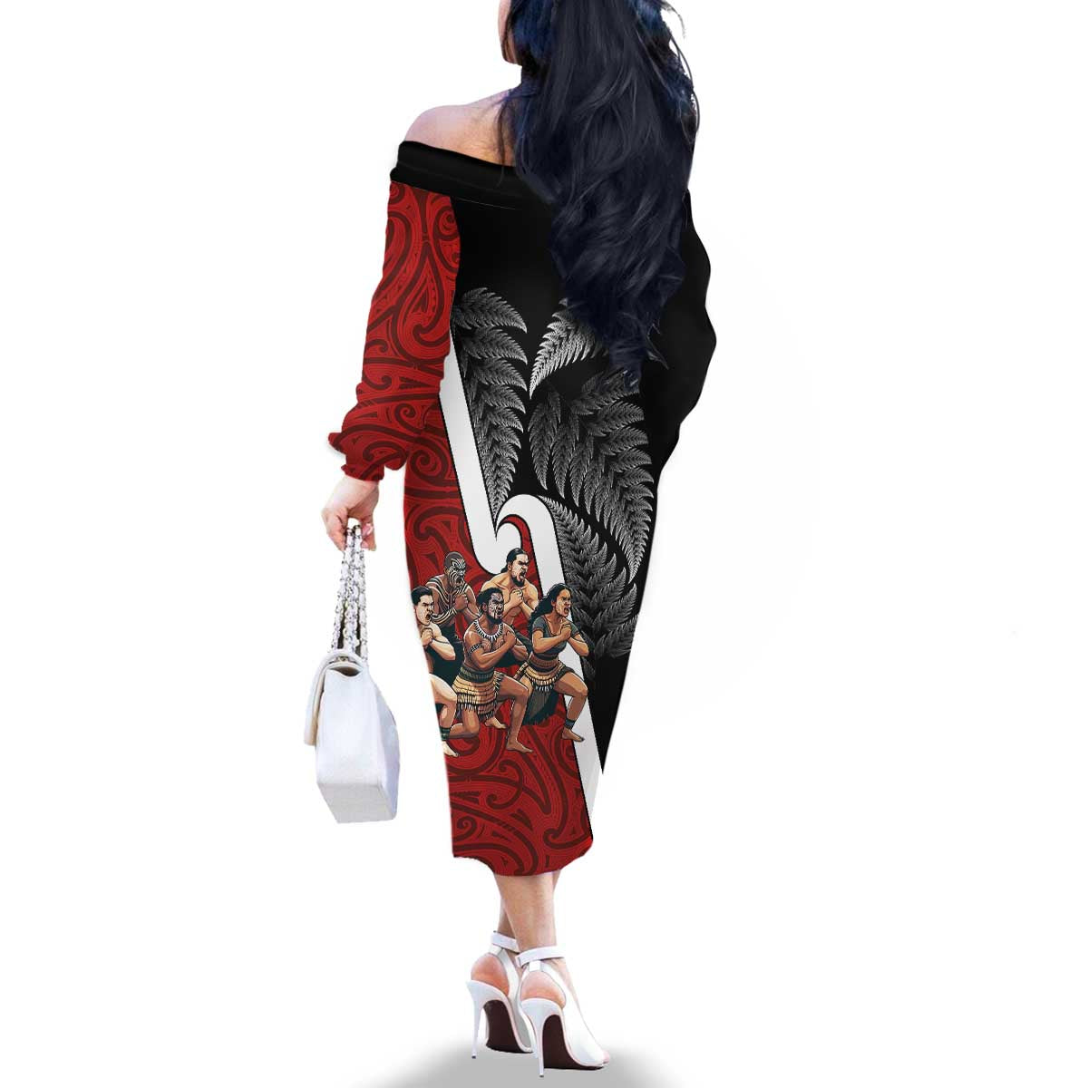 New Zealand Te Matatini Family Matching Off The Shoulder Long Sleeve Dress and Hawaiian Shirt Kapa Haka and Silver Fern - Maori Art Pattern LT03 - Polynesian Pride