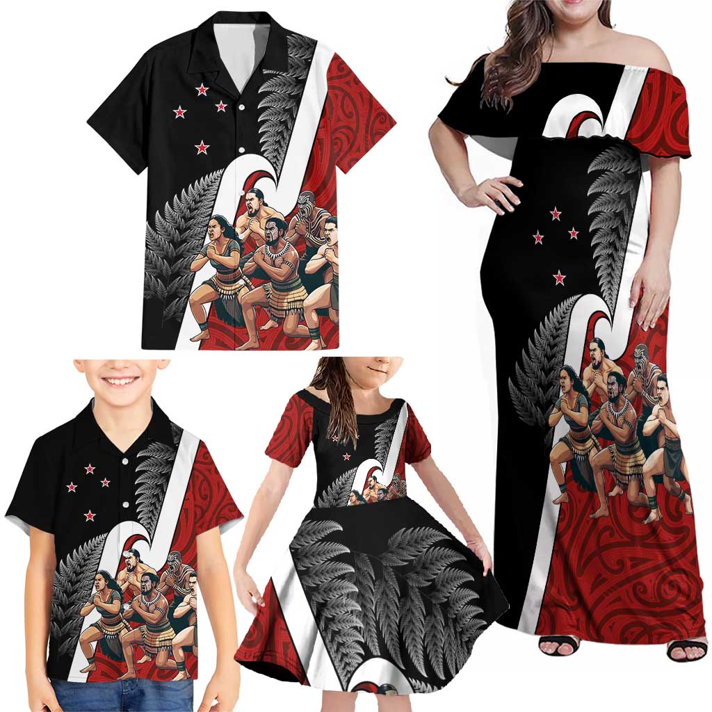 New Zealand Te Matatini Family Matching Off Shoulder Maxi Dress and Hawaiian Shirt Kapa Haka and Silver Fern - Maori Art Pattern LT03 - Polynesian Pride