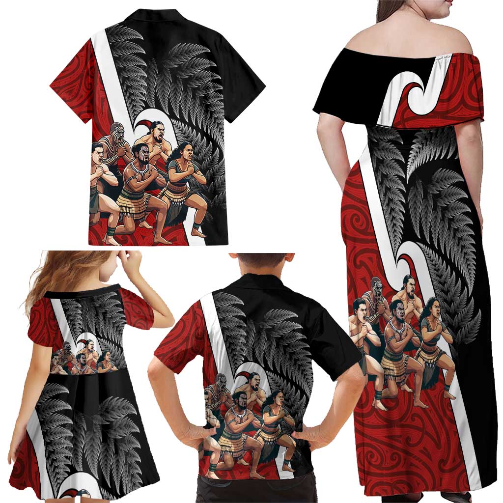 New Zealand Te Matatini Family Matching Off Shoulder Maxi Dress and Hawaiian Shirt Kapa Haka and Silver Fern - Maori Art Pattern LT03 - Polynesian Pride