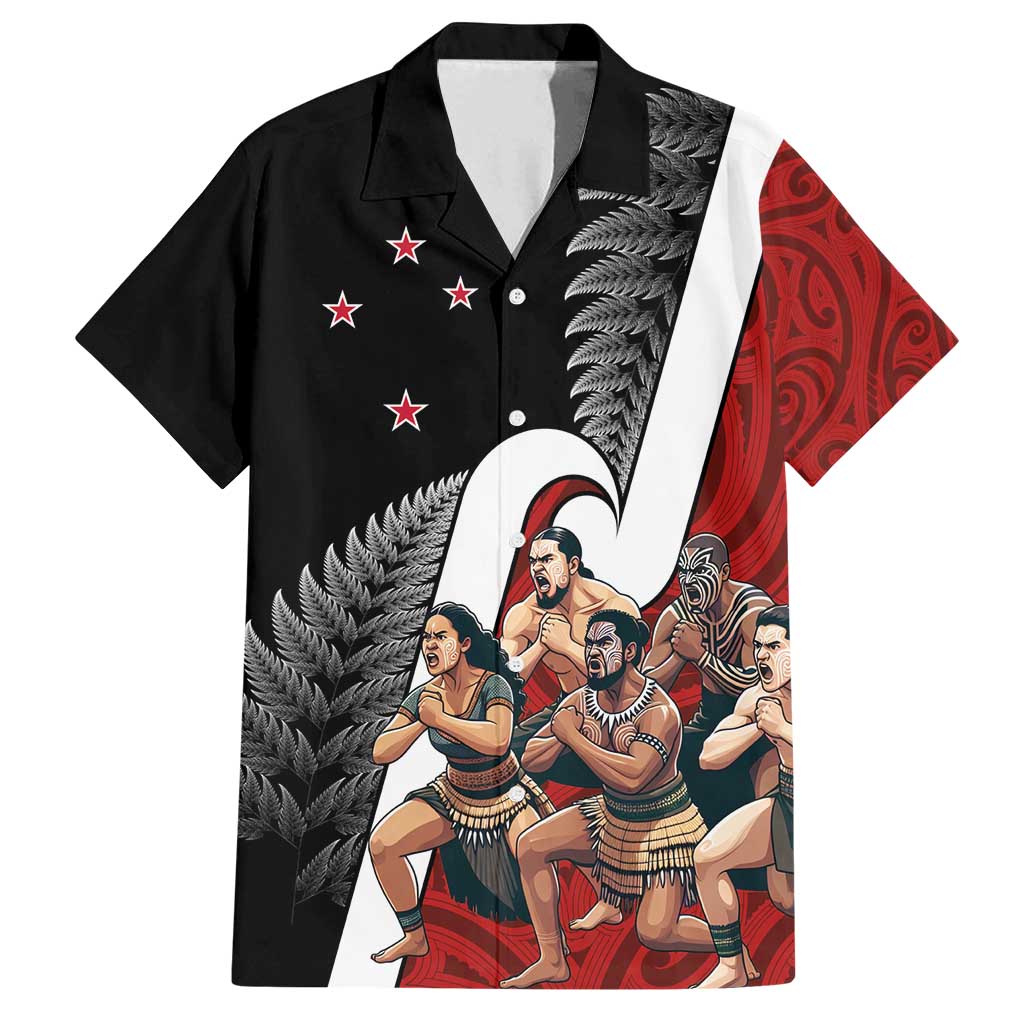 New Zealand Te Matatini Family Matching Off Shoulder Maxi Dress and Hawaiian Shirt Kapa Haka and Silver Fern - Maori Art Pattern LT03 Dad's Shirt - Short Sleeve Black - Polynesian Pride