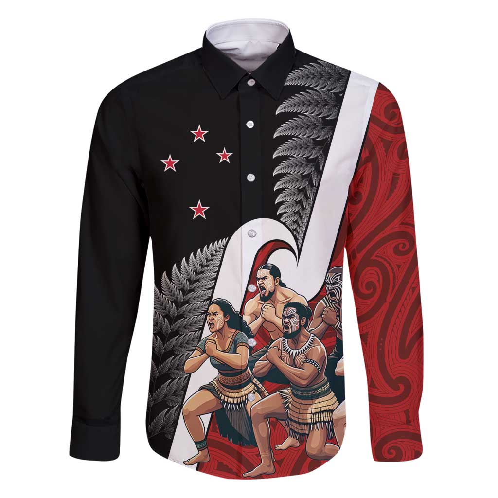 New Zealand Te Matatini Family Matching Off Shoulder Maxi Dress and Hawaiian Shirt Kapa Haka and Silver Fern - Maori Art Pattern LT03 Dad's Shirt - Long Sleeve Black - Polynesian Pride