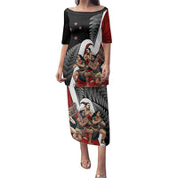 New Zealand Te Matatini Family Matching Puletasi and Hawaiian Shirt Kapa Haka and Silver Fern - Maori Art Pattern LT03 Mom's Dress Black - Polynesian Pride