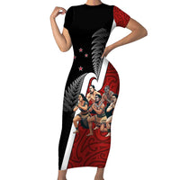 New Zealand Te Matatini Family Matching Short Sleeve Bodycon Dress and Hawaiian Shirt Kapa Haka and Silver Fern - Maori Art Pattern LT03 Mom's Dress Black - Polynesian Pride