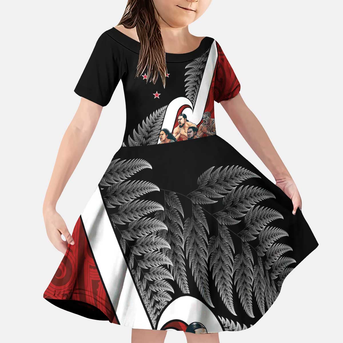 New Zealand Te Matatini Kid Short Sleeve Dress Kapa Haka and Silver Fern - Maori Art Pattern LT03 KID Black - Polynesian Pride