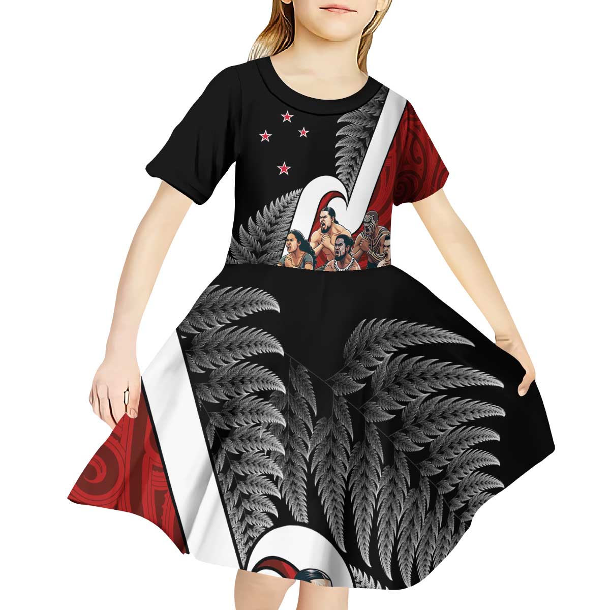 New Zealand Te Matatini Kid Short Sleeve Dress Kapa Haka and Silver Fern - Maori Art Pattern LT03 - Polynesian Pride