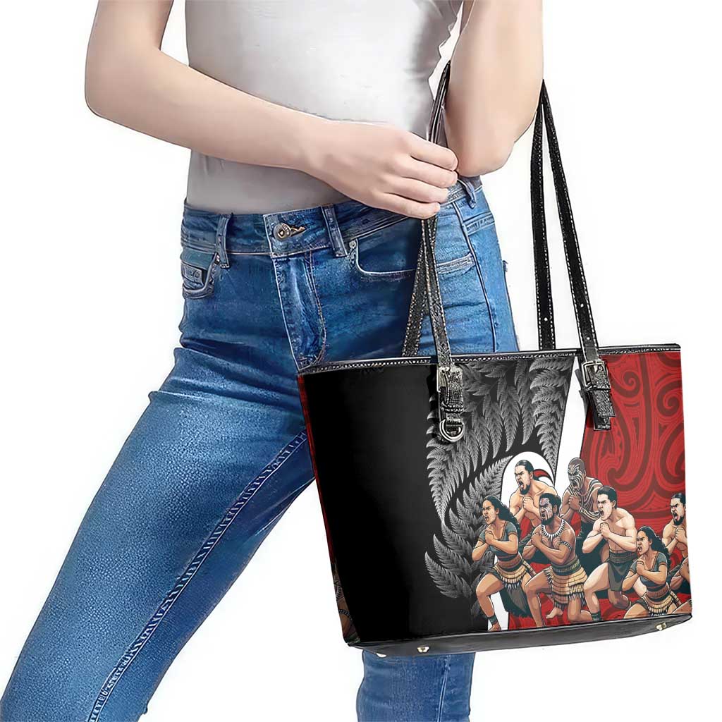 New Zealand Te Matatini Leather Tote Bag Kapa Haka and Silver Fern - Maori Art Pattern