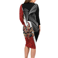 New Zealand Te Matatini Long Sleeve Bodycon Dress Kapa Haka and Silver Fern - Maori Art Pattern LT03 - Polynesian Pride