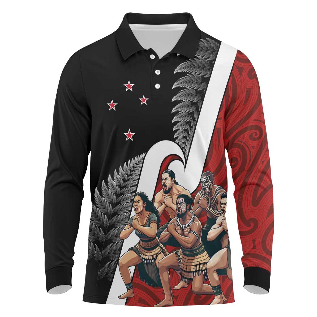 New Zealand Te Matatini Long Sleeve Polo Shirt Kapa Haka and Silver Fern - Maori Art Pattern LT03 Black - Polynesian Pride