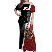 New Zealand Te Matatini Off Shoulder Maxi Dress Kapa Haka and Silver Fern - Maori Art Pattern LT03 Women Black - Polynesian Pride