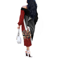 New Zealand Te Matatini Off The Shoulder Long Sleeve Dress Kapa Haka and Silver Fern - Maori Art Pattern LT03 - Polynesian Pride