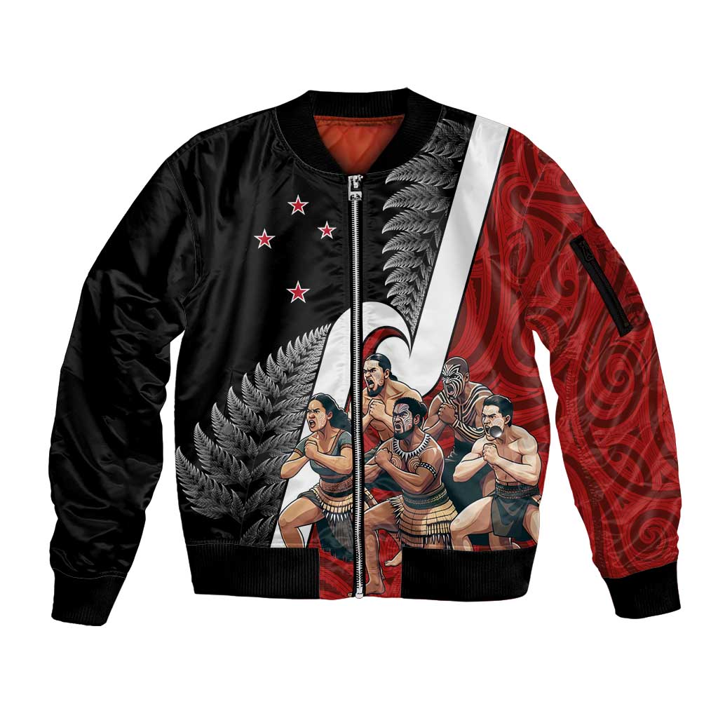 New Zealand Te Matatini Sleeve Zip Bomber Jacket Kapa Haka and Silver Fern - Maori Art Pattern LT03 Unisex Black - Polynesian Pride
