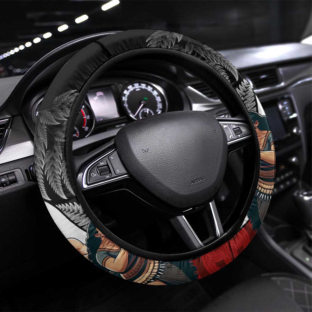 New Zealand Te Matatini Steering Wheel Cover Kapa Haka and Silver Fern - Maori Art Pattern LT03 Universal Fit Black - Polynesian Pride