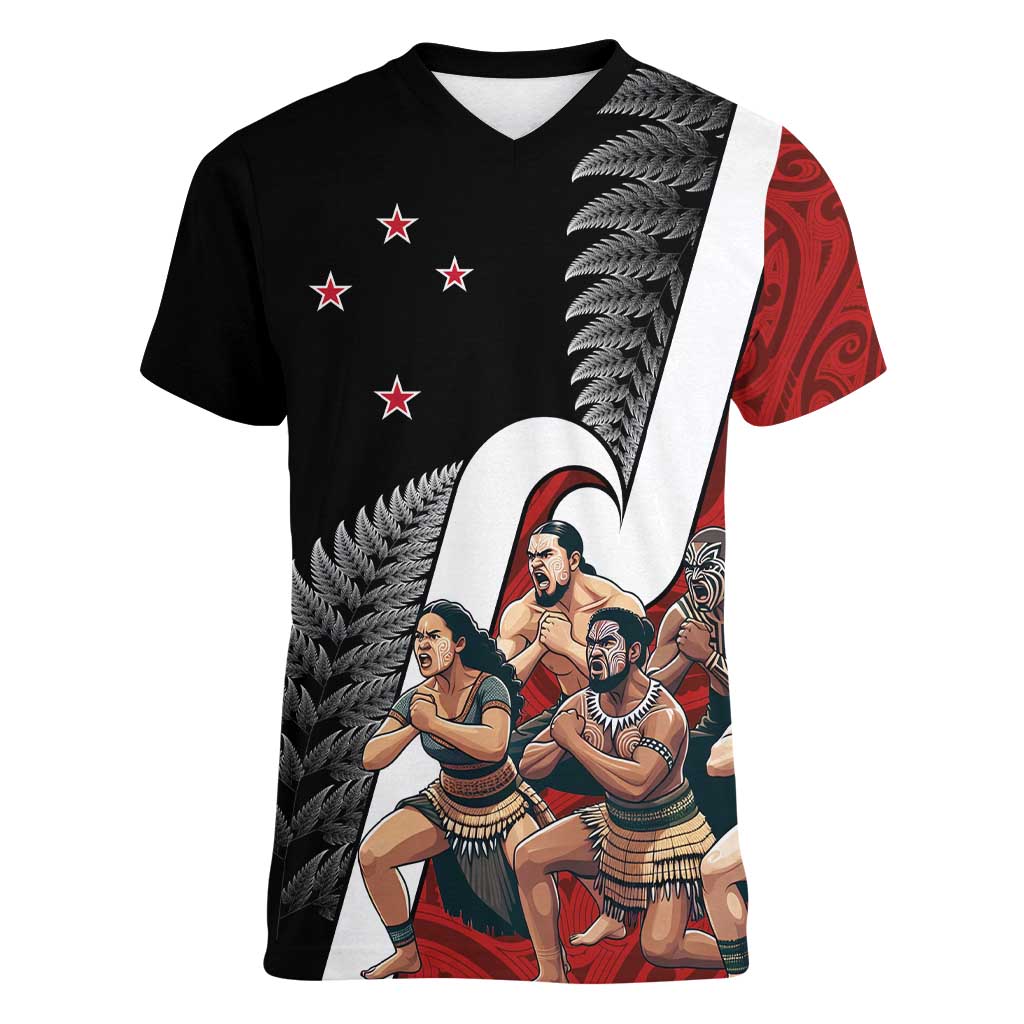 New Zealand Te Matatini Women V-Neck T-Shirt Kapa Haka and Silver Fern - Maori Art Pattern LT03 Female Black - Polynesian Pride