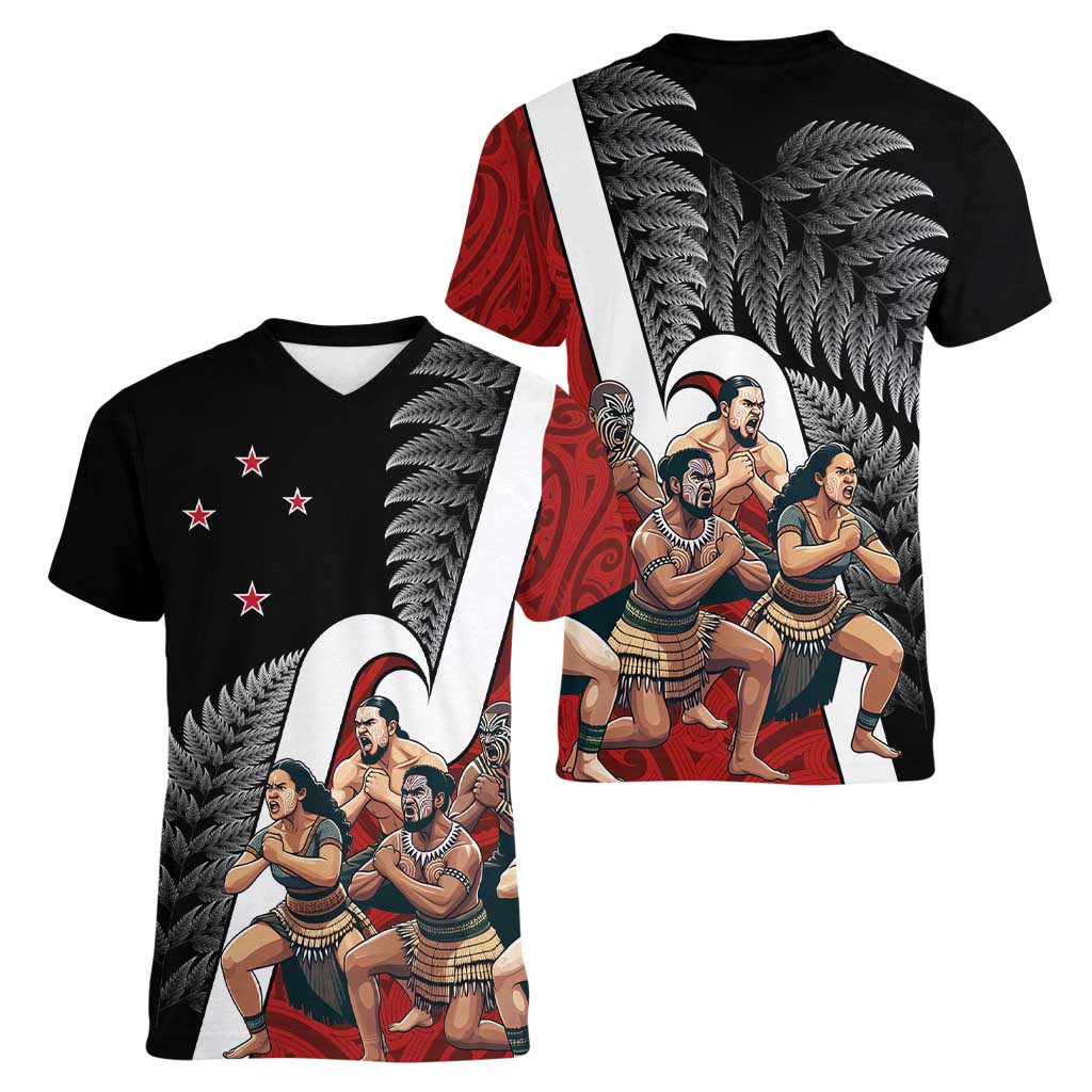New Zealand Te Matatini Women V-Neck T-Shirt Kapa Haka and Silver Fern - Maori Art Pattern LT03 - Polynesian Pride