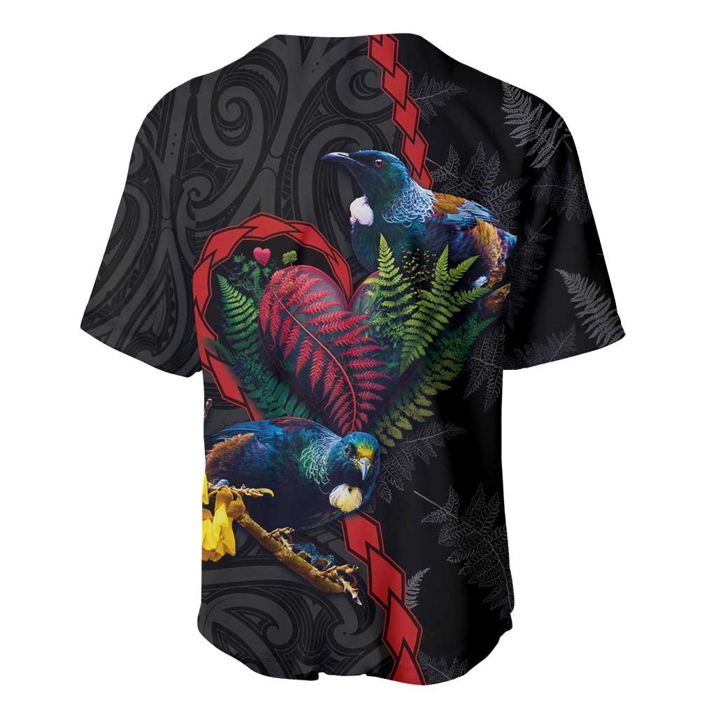 New Zealand Tui Birds Love Couple Baseball Jersey The Heart of Silver Fern Leaves and Maori Tattoo Pattern LT03 - Polynesian Pride