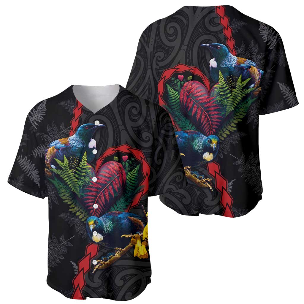 New Zealand Tui Birds Love Couple Baseball Jersey The Heart of Silver Fern Leaves and Maori Tattoo Pattern LT03 - Polynesian Pride