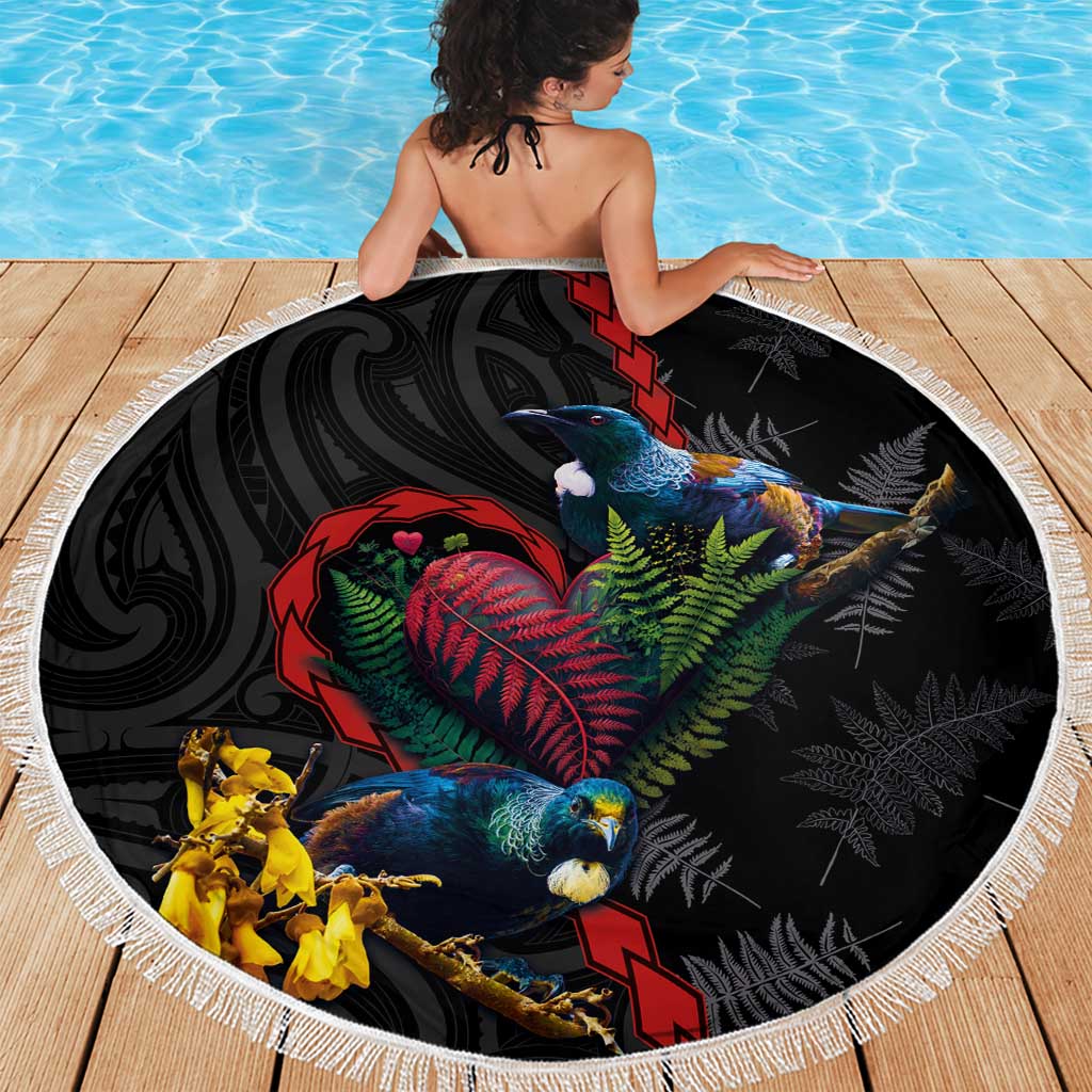 New Zealand Tui Birds Love Couple Beach Blanket The Heart of Silver Fern Leaves and Maori Tattoo Pattern LT03 - Polynesian Pride