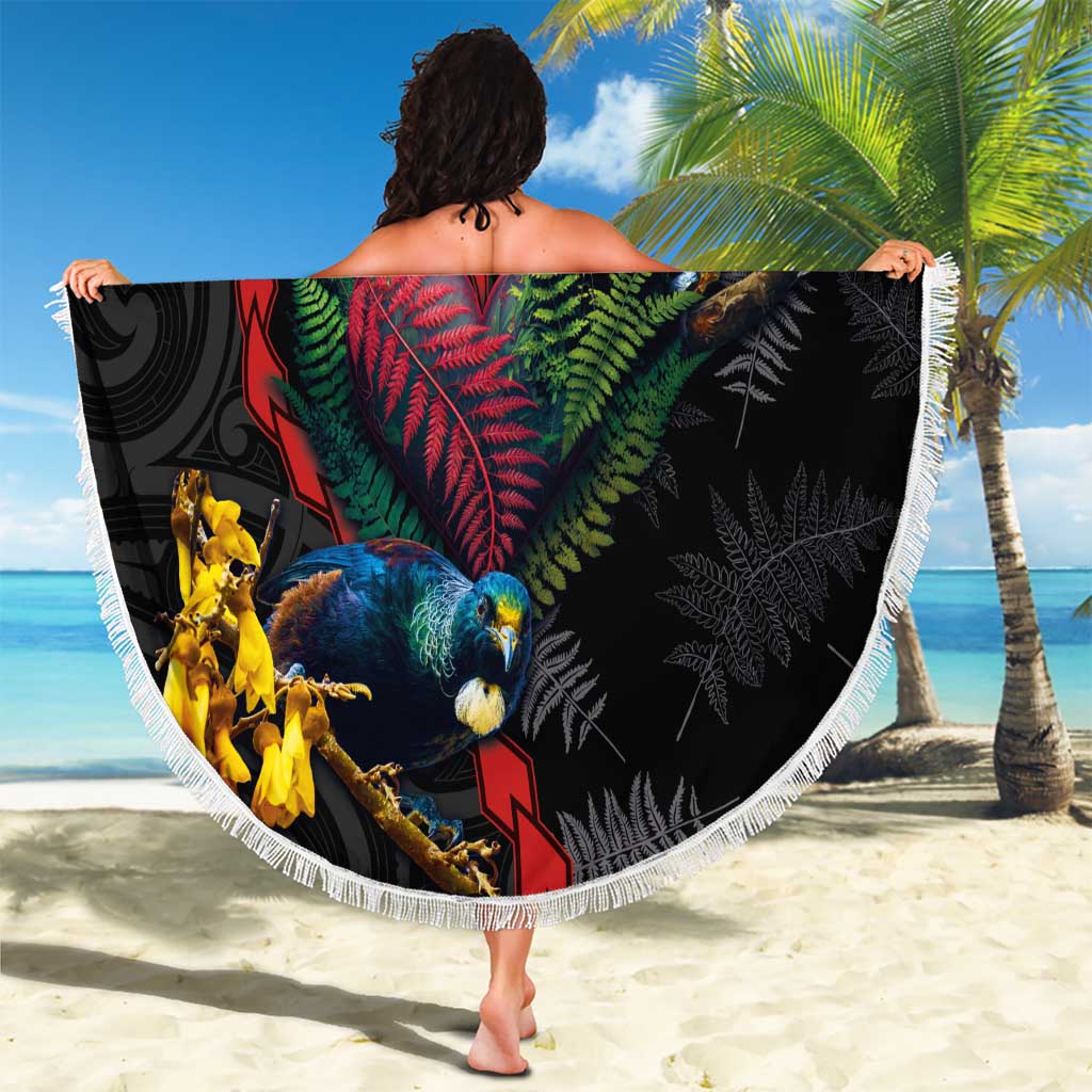 New Zealand Tui Birds Love Couple Beach Blanket The Heart of Silver Fern Leaves and Maori Tattoo Pattern LT03 - Polynesian Pride