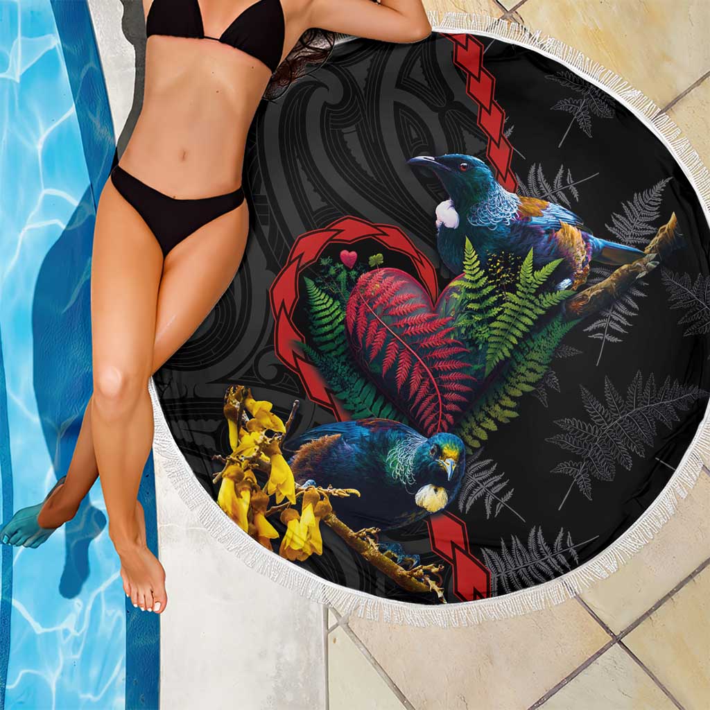 New Zealand Tui Birds Love Couple Beach Blanket The Heart of Silver Fern Leaves and Maori Tattoo Pattern LT03 - Polynesian Pride