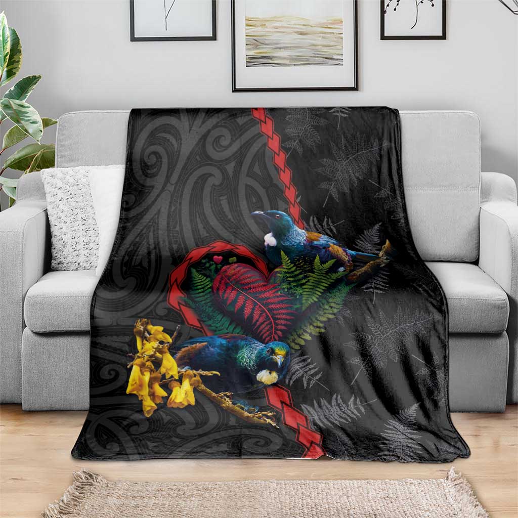 New Zealand Tui Birds Love Couple Blanket The Heart of Silver Fern Leaves and Maori Tattoo Pattern LT03 - Polynesian Pride