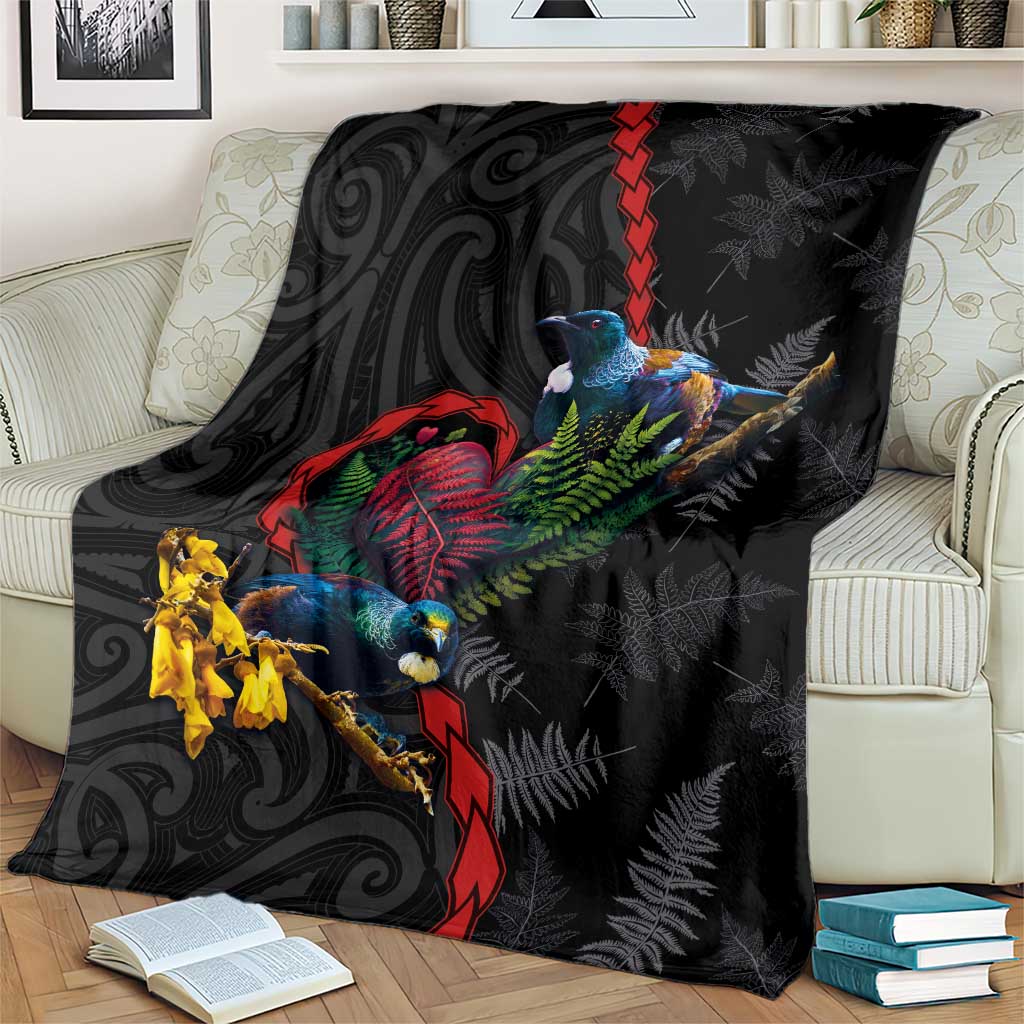 New Zealand Tui Birds Love Couple Blanket The Heart of Silver Fern Leaves and Maori Tattoo Pattern LT03 - Polynesian Pride