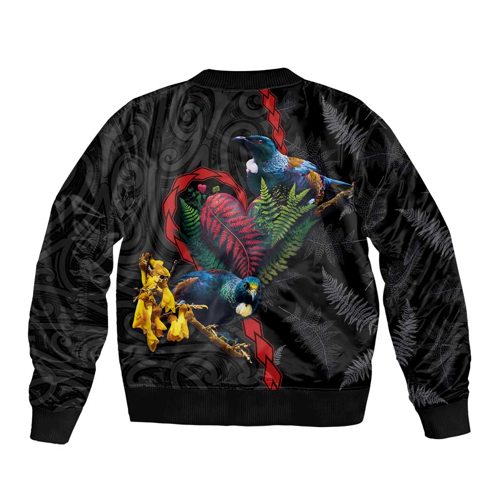 New Zealand Tui Birds Love Couple Bomber Jacket The Heart of Silver Fern Leaves and Maori Tattoo Pattern LT03 - Polynesian Pride
