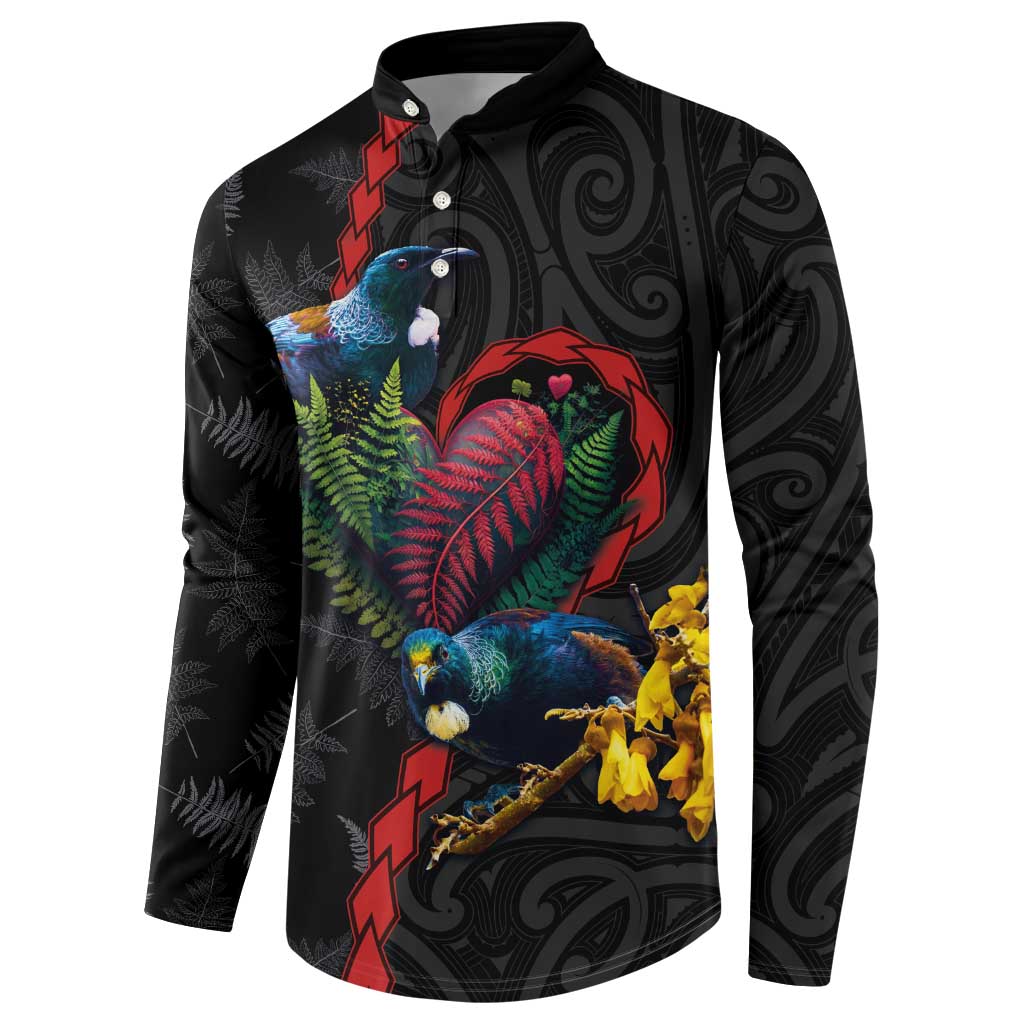 New Zealand Tui Birds Love Couple Button Sweatshirt The Heart of Silver Fern Leaves and Maori Tattoo Pattern LT03 - Polynesian Pride