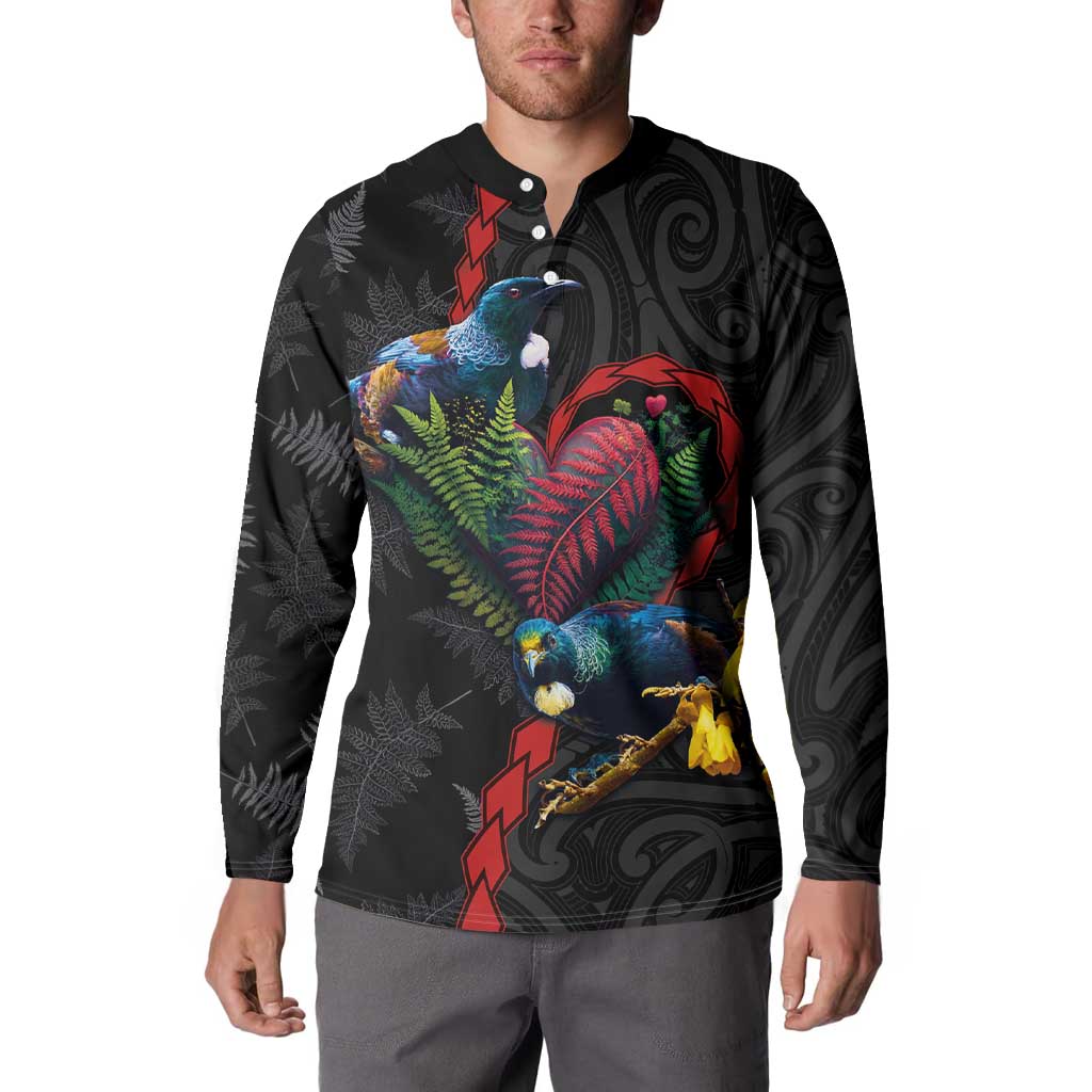 New Zealand Tui Birds Love Couple Button Sweatshirt The Heart of Silver Fern Leaves and Maori Tattoo Pattern LT03 - Polynesian Pride