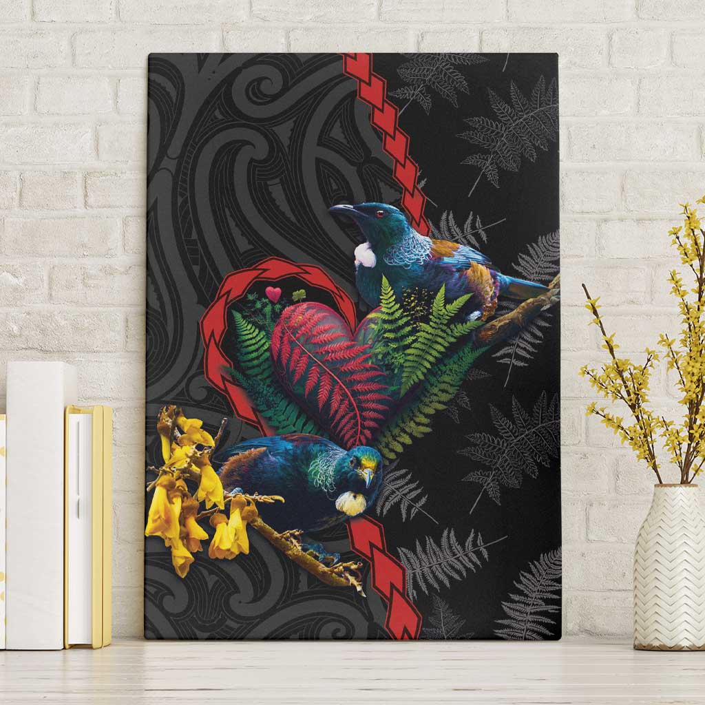New Zealand Tui Birds Love Couple Canvas Wall Art The Heart of Silver Fern Leaves and Maori Tattoo Pattern LT03 Without Frame Black - Polynesian Pride
