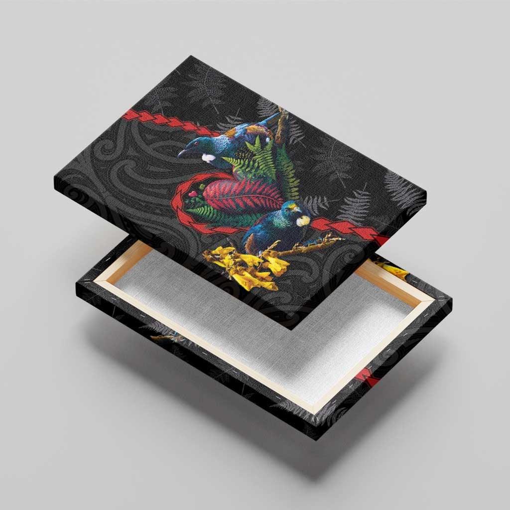 New Zealand Tui Birds Love Couple Canvas Wall Art The Heart of Silver Fern Leaves and Maori Tattoo Pattern LT03 - Polynesian Pride