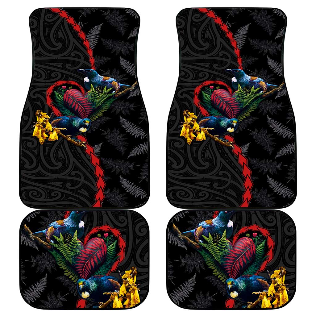 New Zealand Tui Birds Love Couple Car Mats The Heart of Silver Fern Leaves and Maori Tattoo Pattern LT03 - Polynesian Pride