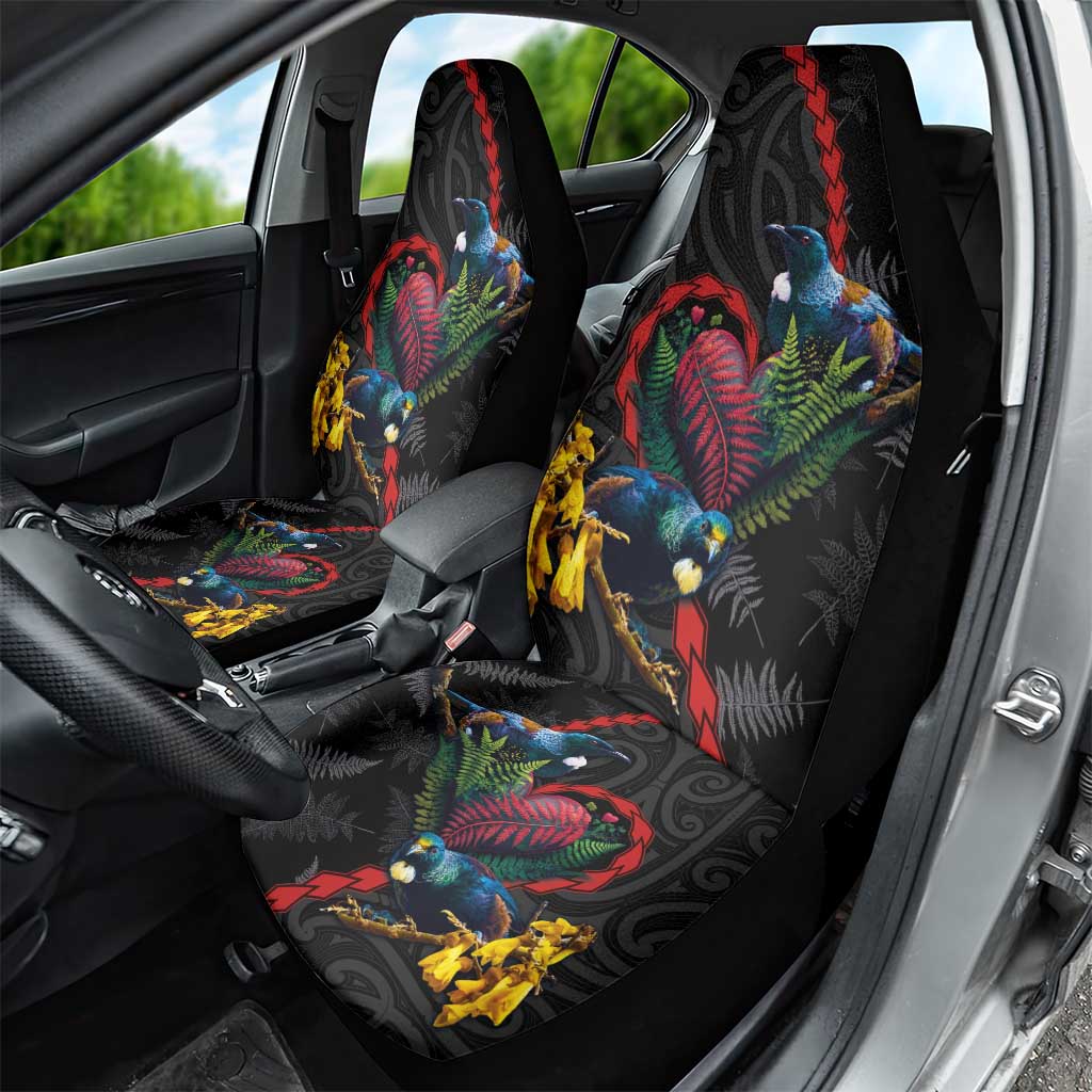 New Zealand Tui Birds Love Couple Car Seat Cover The Heart of Silver Fern Leaves and Maori Tattoo Pattern LT03 - Polynesian Pride