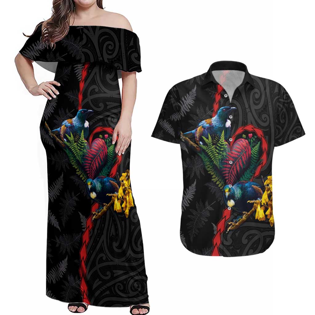 New Zealand Tui Birds Love Couple Couples Matching Off Shoulder Maxi Dress and Hawaiian Shirt The Heart of Silver Fern Leaves and Maori Tattoo Pattern LT03 Black - Polynesian Pride