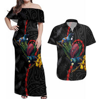New Zealand Tui Birds Love Couple Couples Matching Off Shoulder Maxi Dress and Hawaiian Shirt The Heart of Silver Fern Leaves and Maori Tattoo Pattern LT03 Black - Polynesian Pride