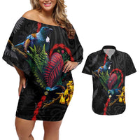 New Zealand Tui Birds Love Couple Couples Matching Off Shoulder Short Dress and Hawaiian Shirt The Heart of Silver Fern Leaves and Maori Tattoo Pattern LT03 Black - Polynesian Pride