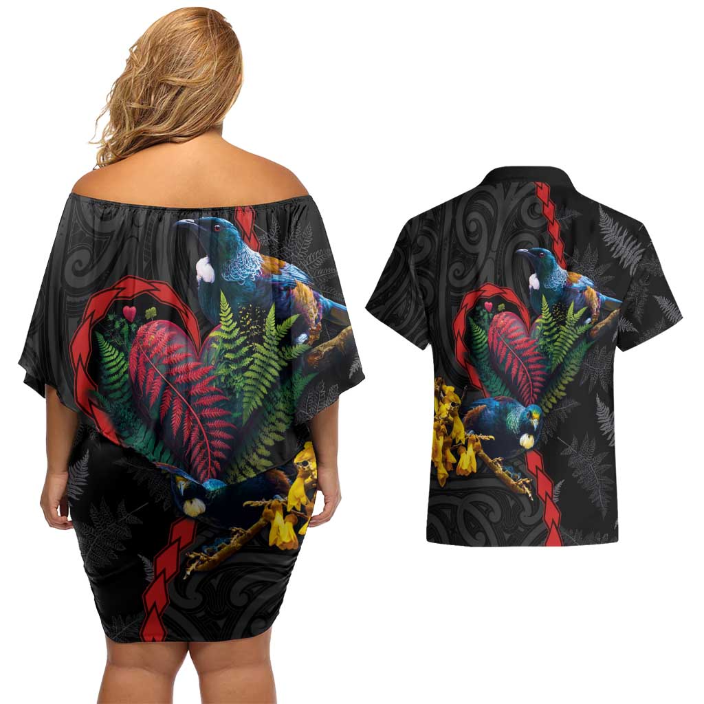 New Zealand Tui Birds Love Couple Couples Matching Off Shoulder Short Dress and Hawaiian Shirt The Heart of Silver Fern Leaves and Maori Tattoo Pattern LT03 - Polynesian Pride